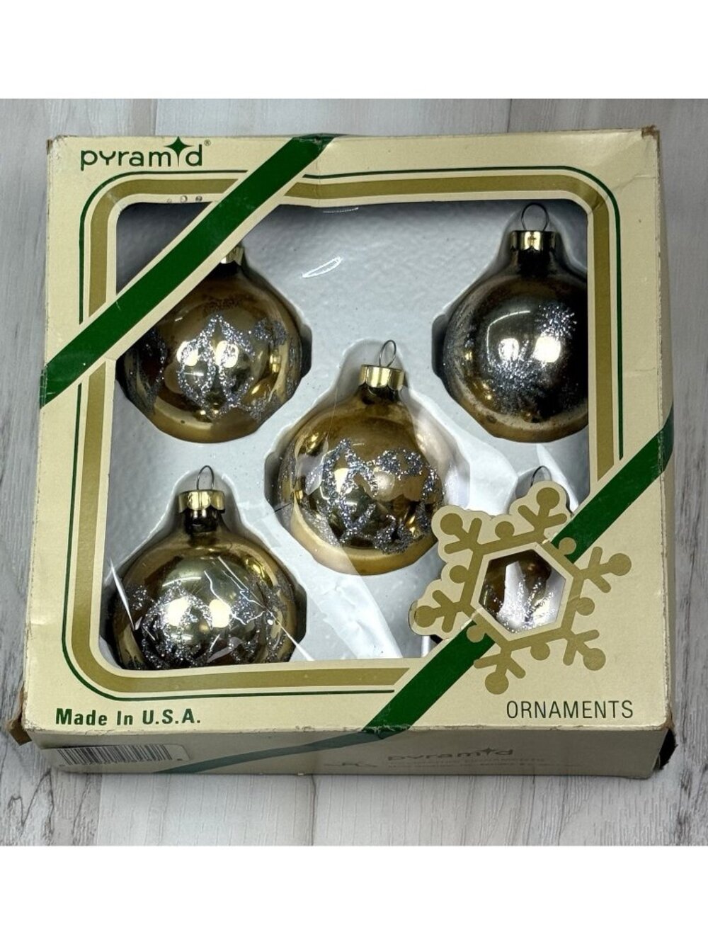 VTG Set 5 PYRAMID Satin-Sheen Gold Glass Ball Christmas ORNAMENTS Glitter USA